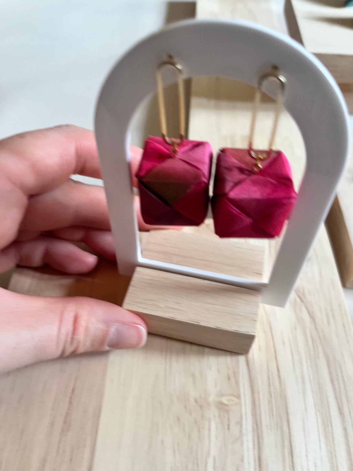 Handmade origami silk earrings with pink 24 carat gold plated oval studs