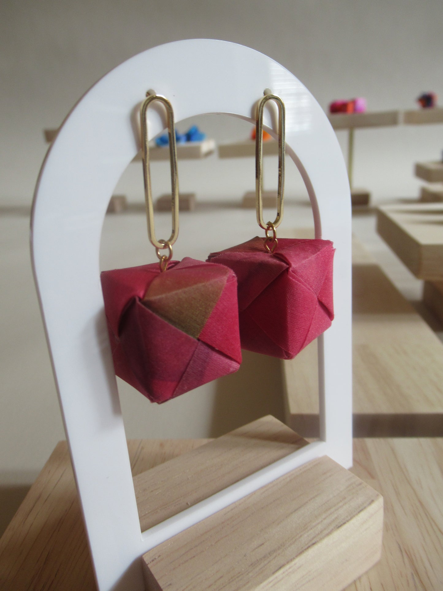 Handmade origami silk earrings with pink 24 carat gold plated oval studs