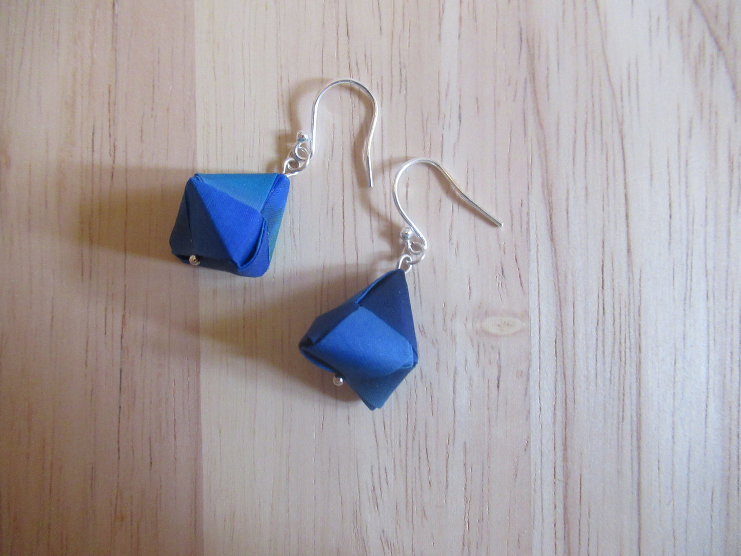 Handmade origami silk earrings in blue with silver hooks