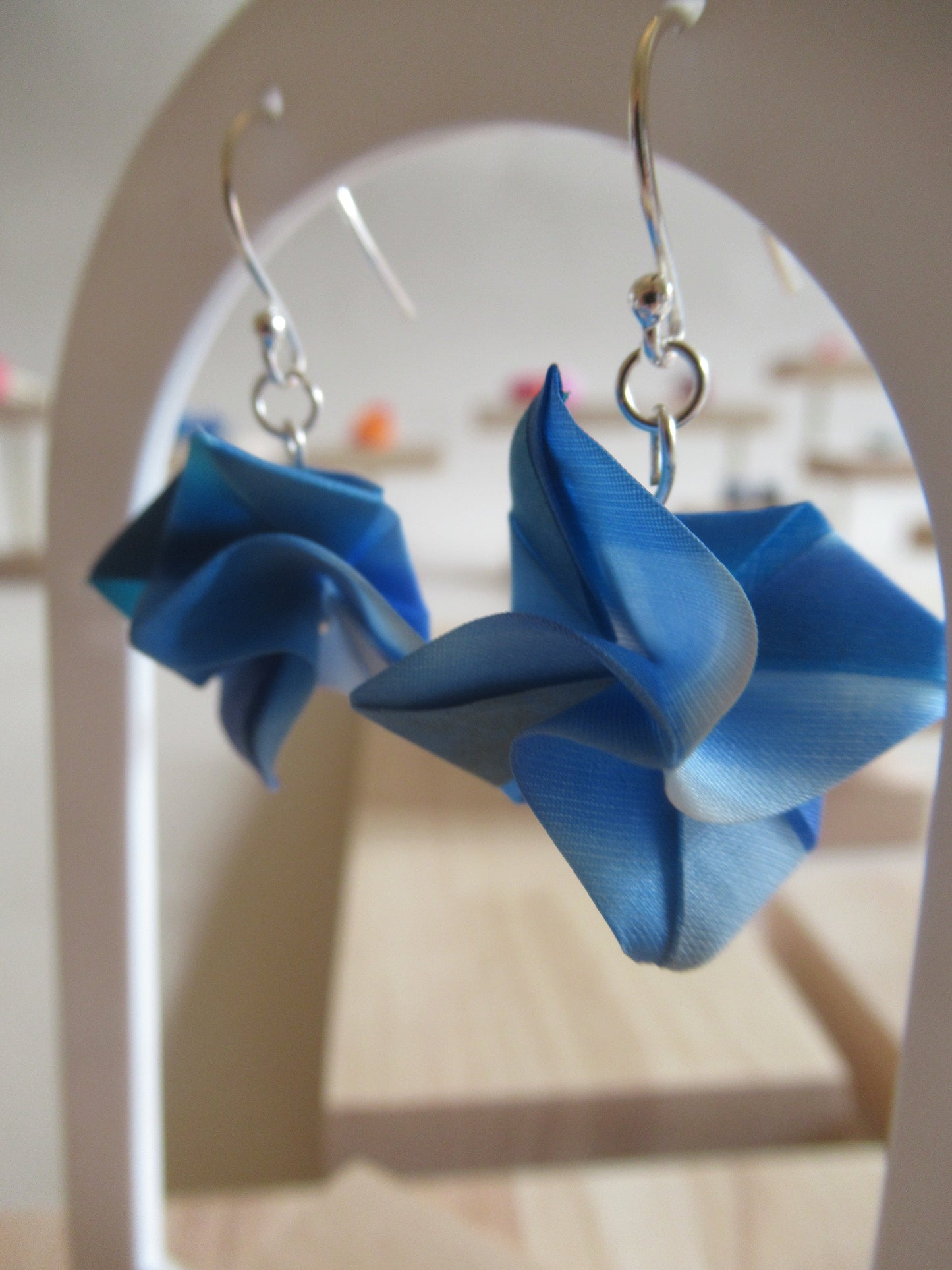 Handmade origami silk earrings in royal blue rose flower with silver hooks