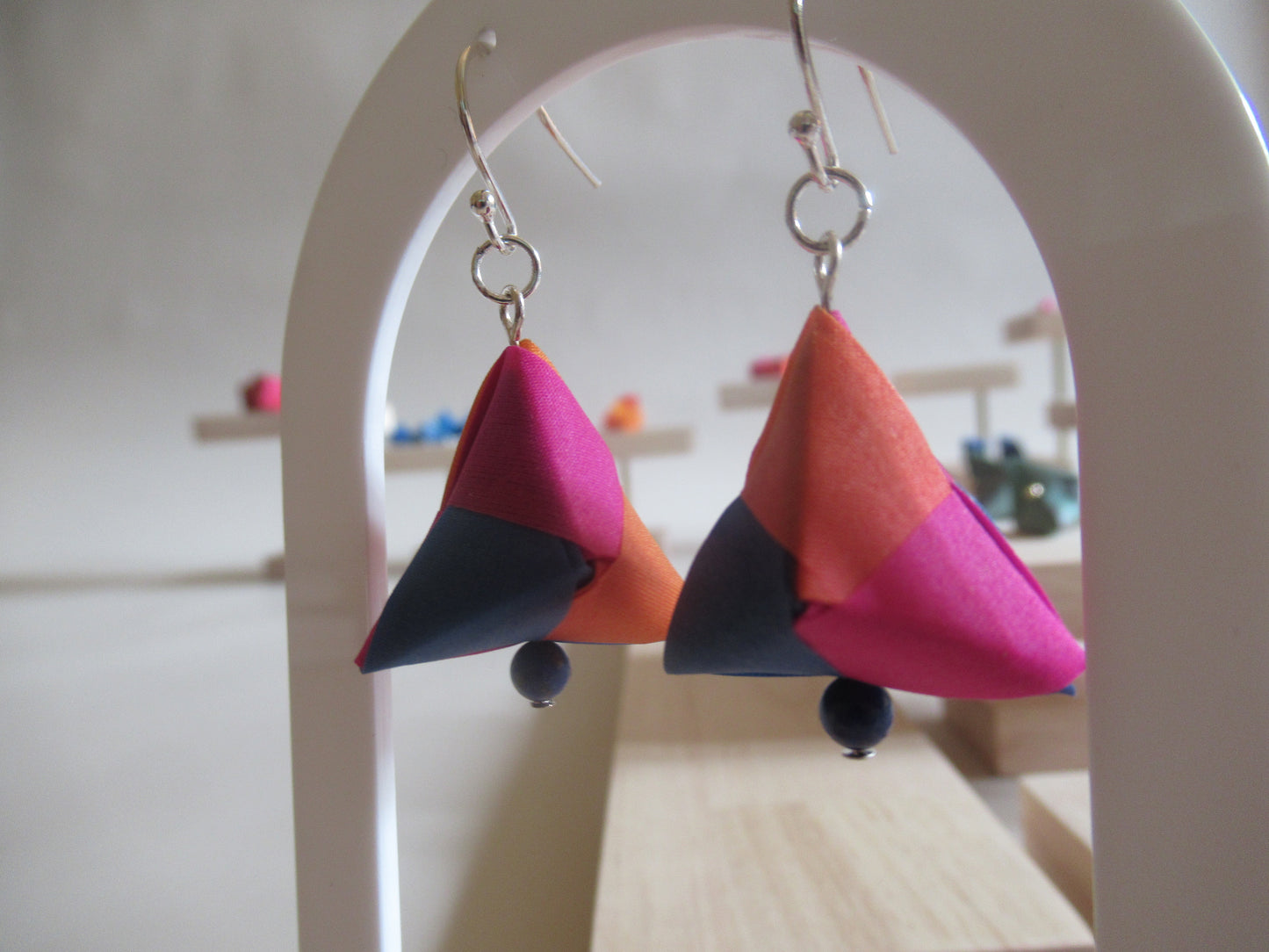 Handmade origami silk earrings and fuchsia pink bright blue bright orange with gold plated hooks