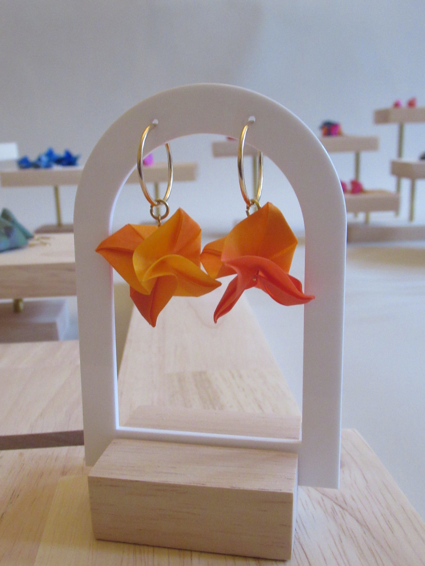 Large handmade origami silk flower with gold plated hoops