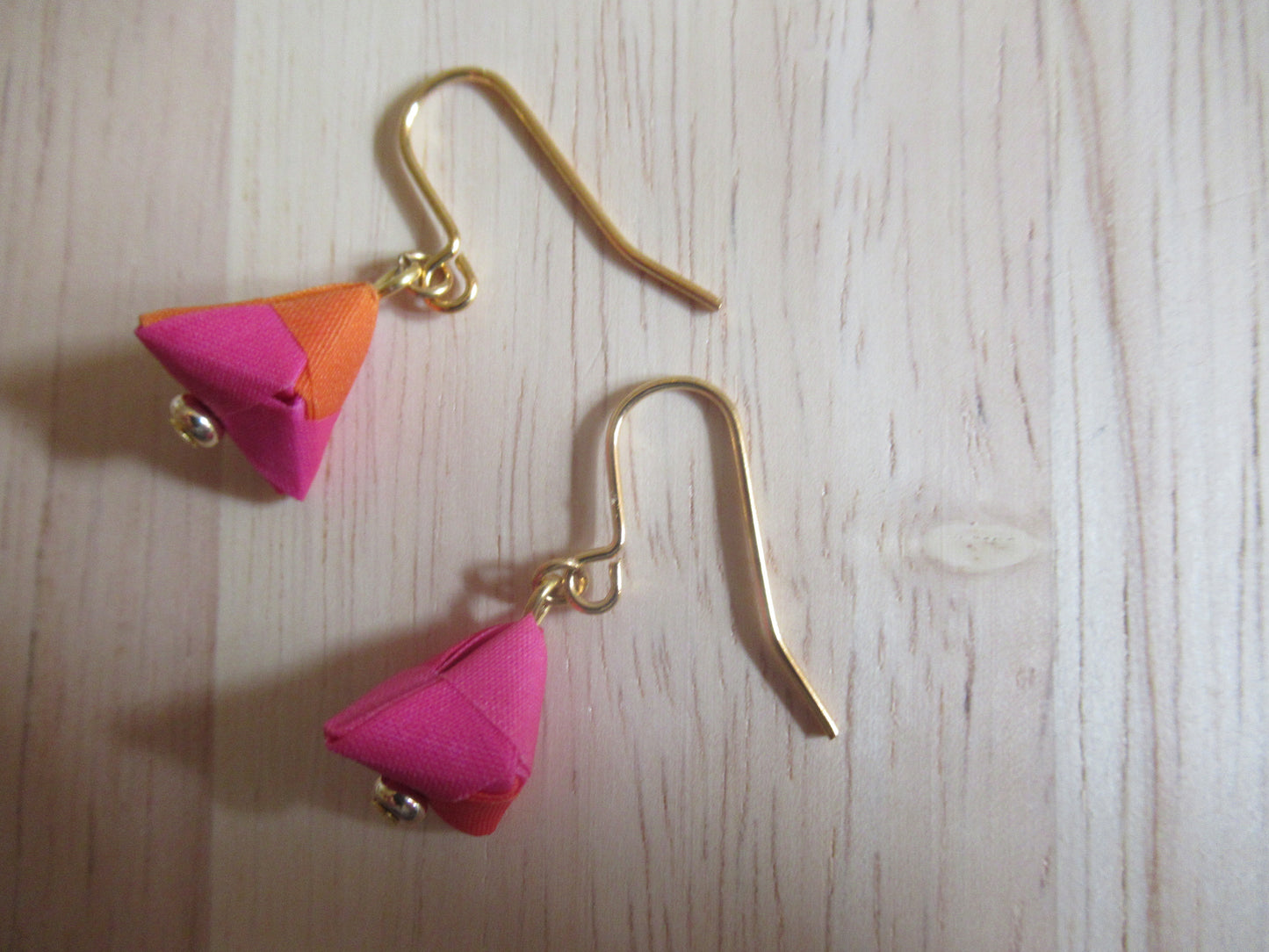 Handmade origami silk earings in fushia pink and bright orange with gold plated hooks