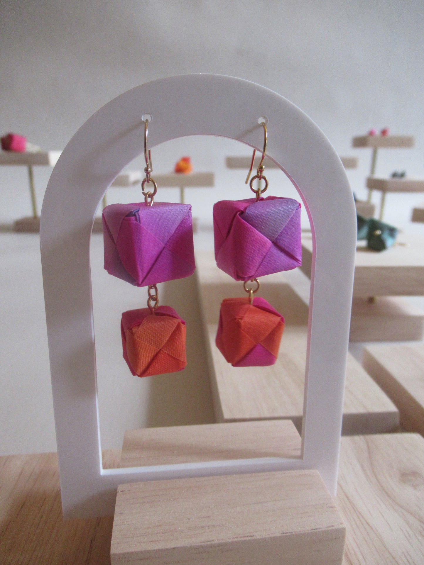 Handmade origami silk earrings and pink orange and double cube drop gold plated hooks