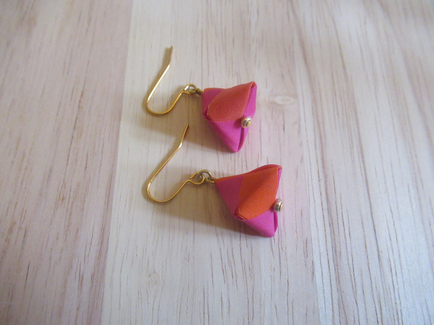 Handmade origami silk earings in fushia pink and bright orange with gold plated hooks