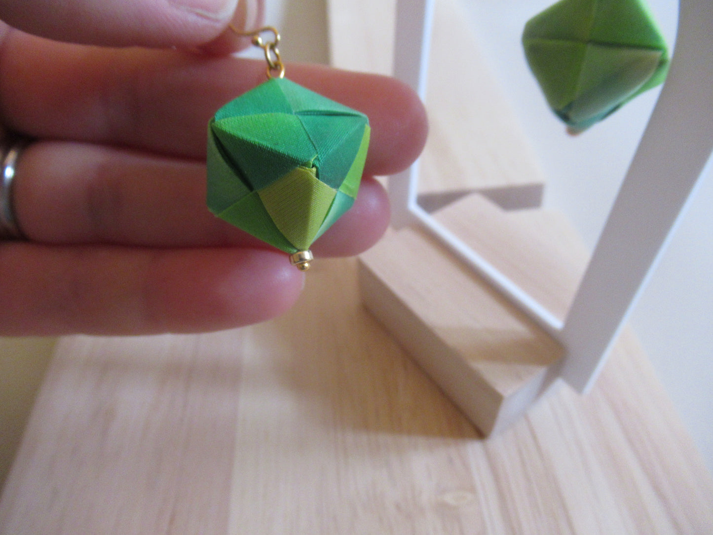 Handmade origami silk earrings in lime green with gold plated hooks