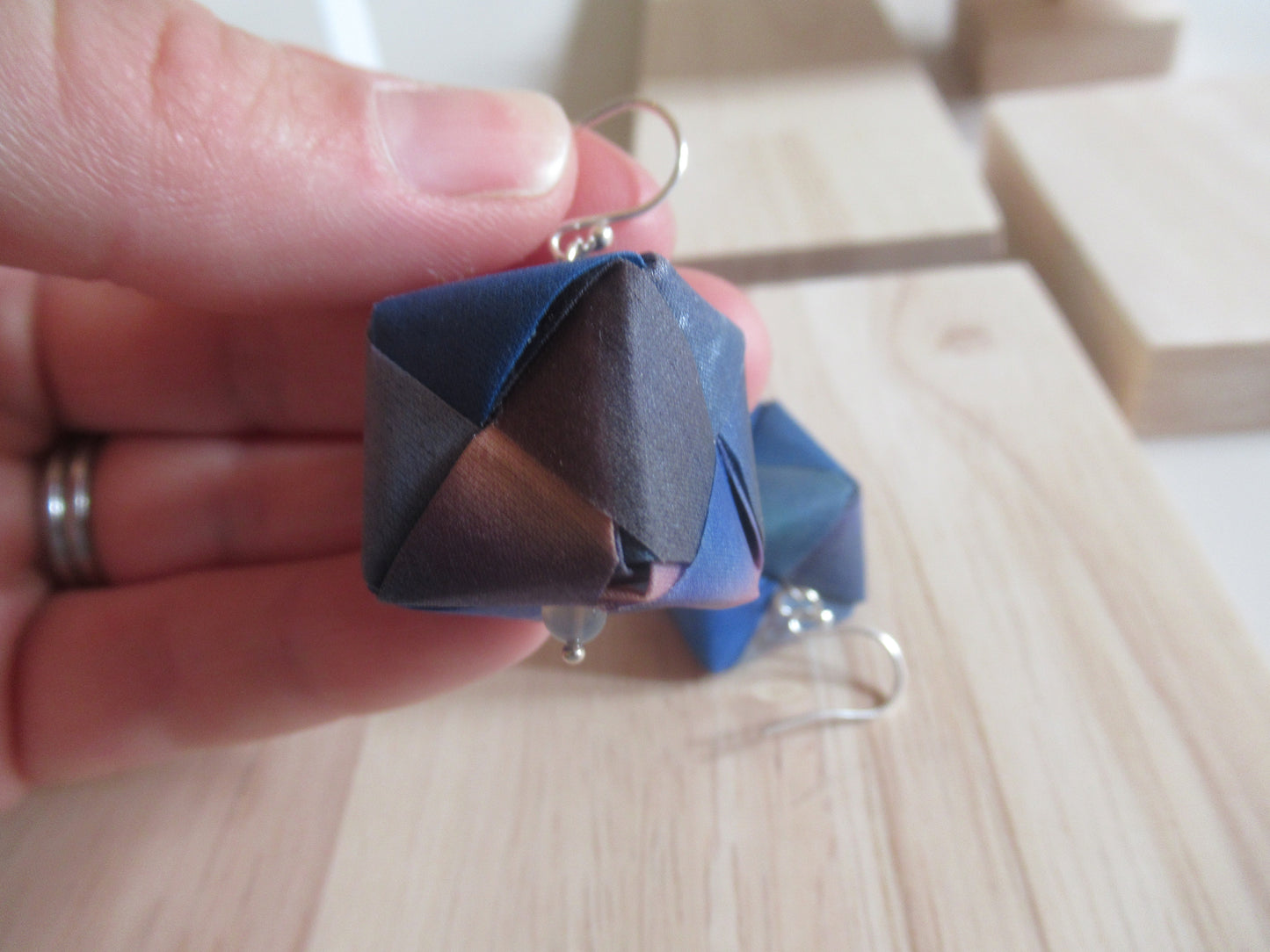 Handmade origami silk earrings in Royal blue with silver hooks