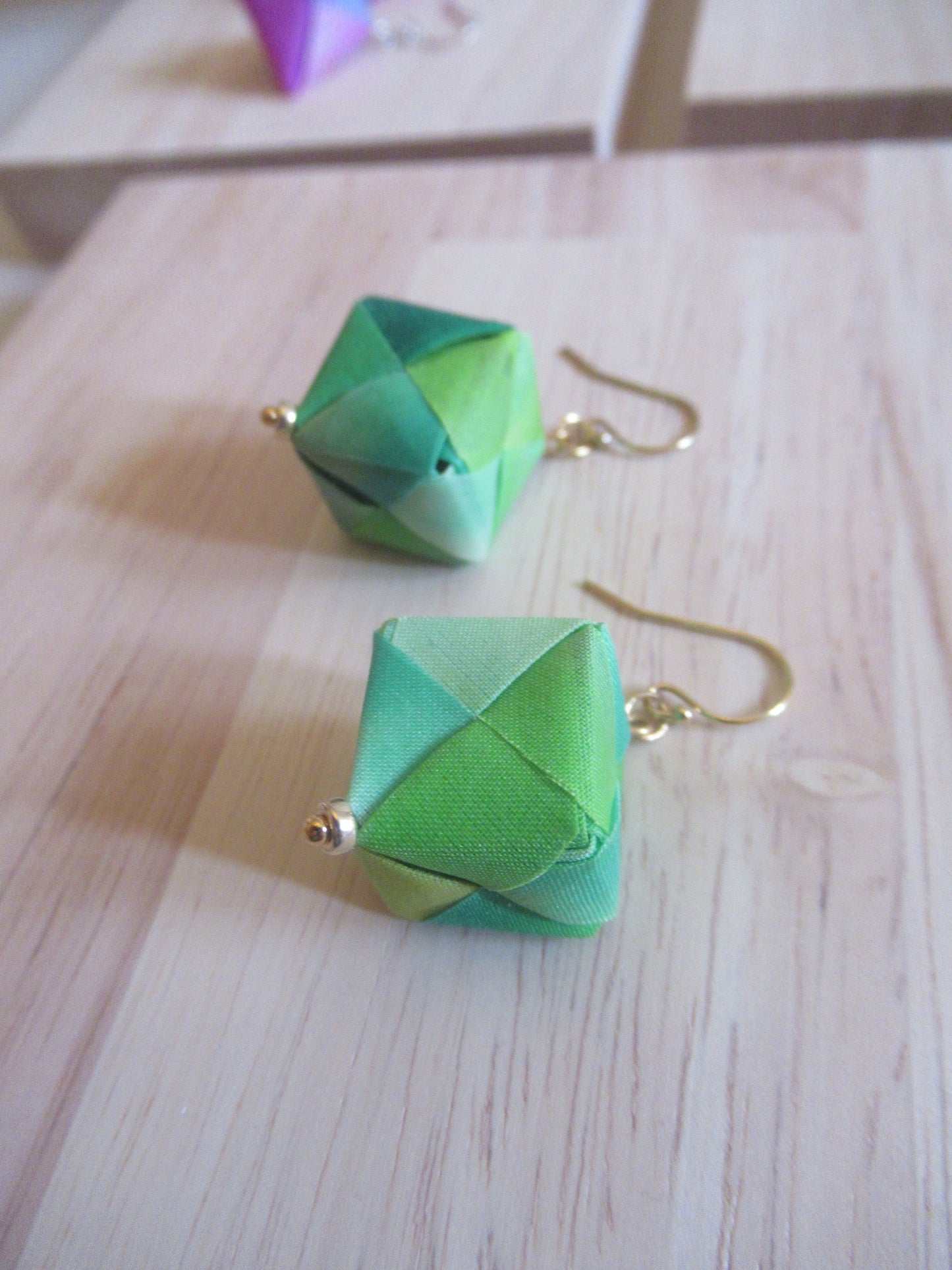 Handmade origami silk earrings in lime green with gold plated hooks