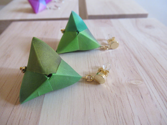 Handmade origami silk earrings in green with gold plated discs studs