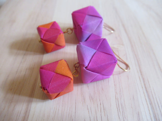 Handmade origami silk earrings and pink orange and double cube drop gold plated hooks