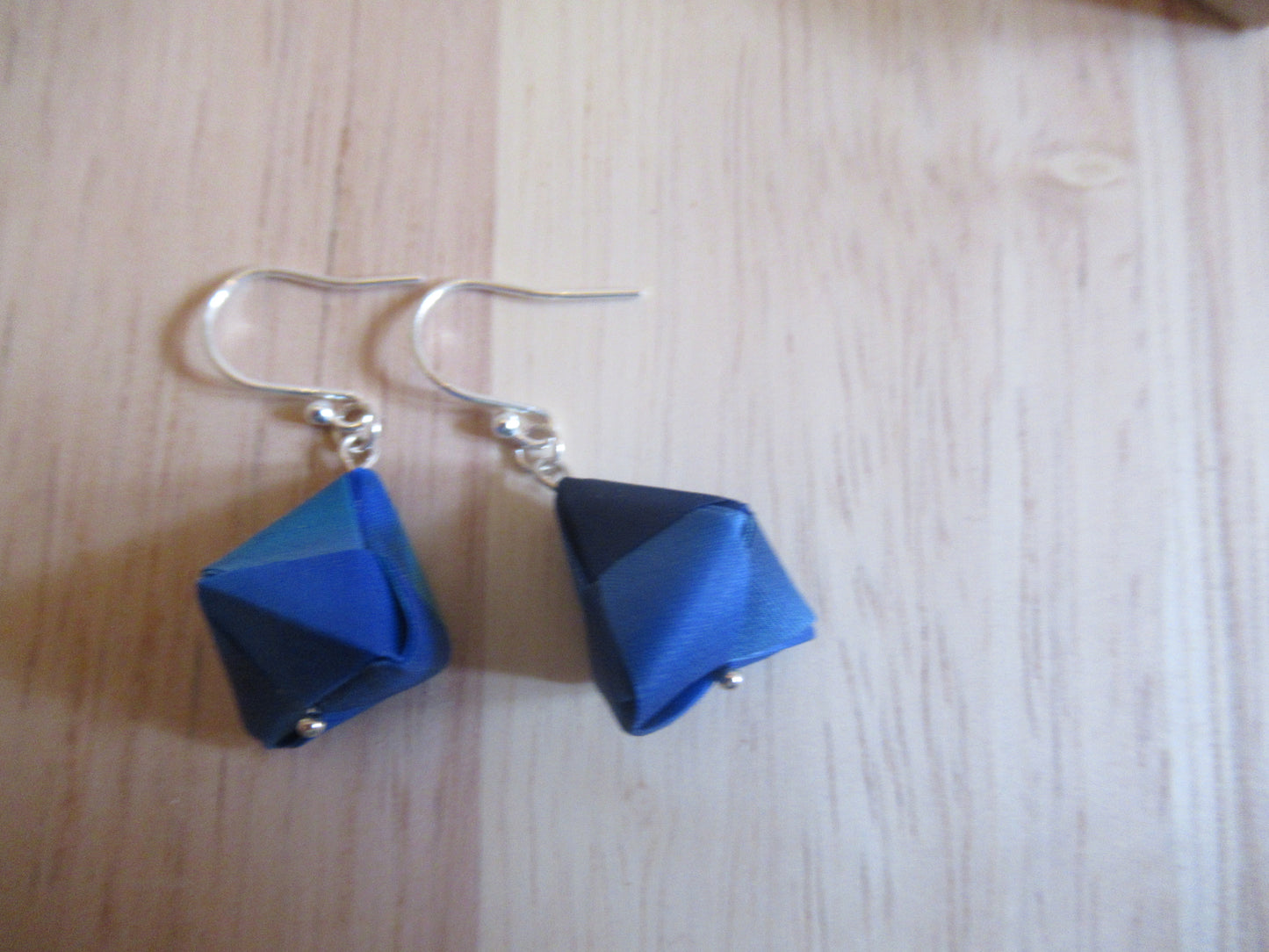 Handmade origami silk earrings in blue with silver hooks