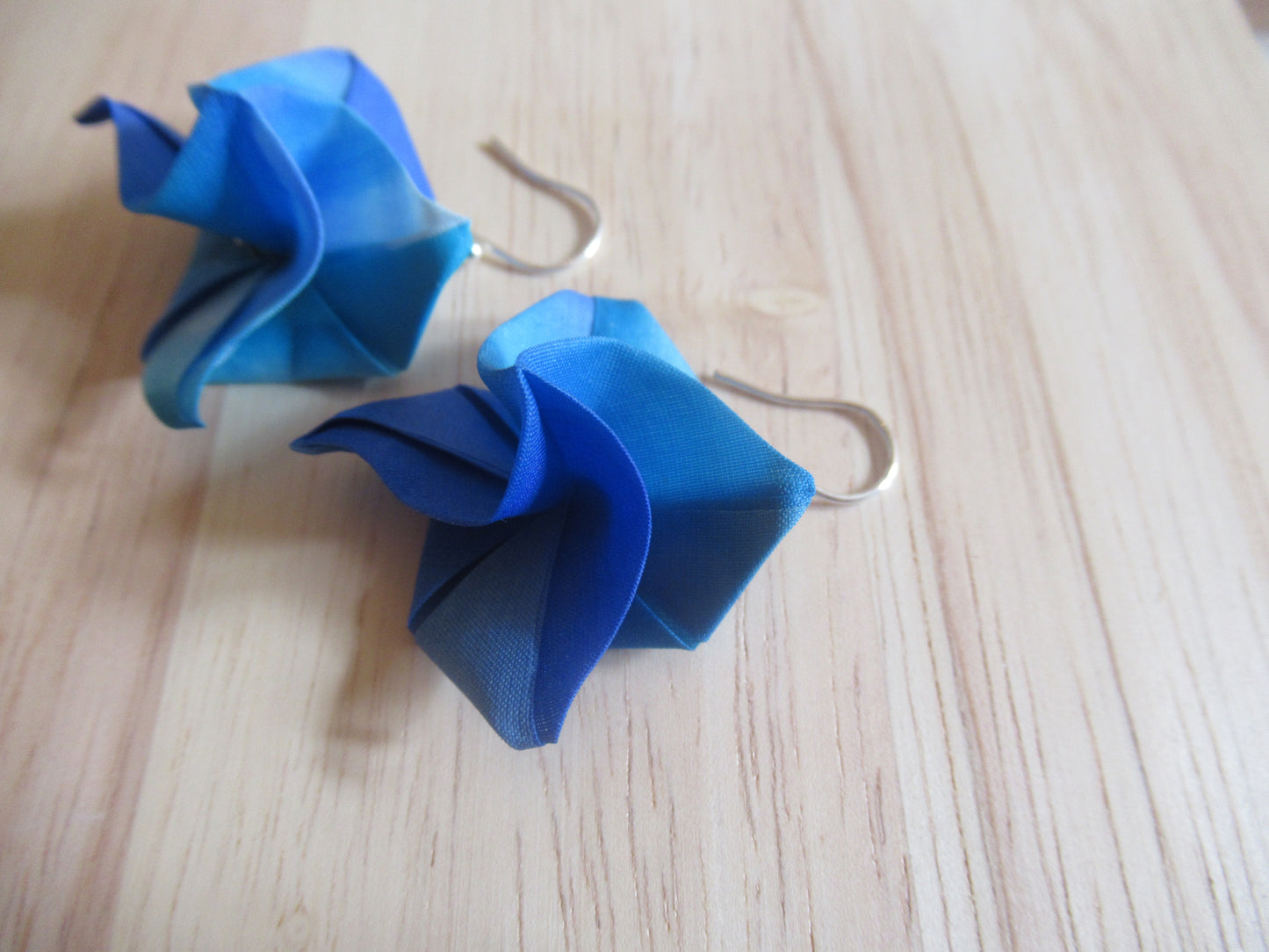 Handmade origami silk earrings in royal blue rose flower with silver hooks