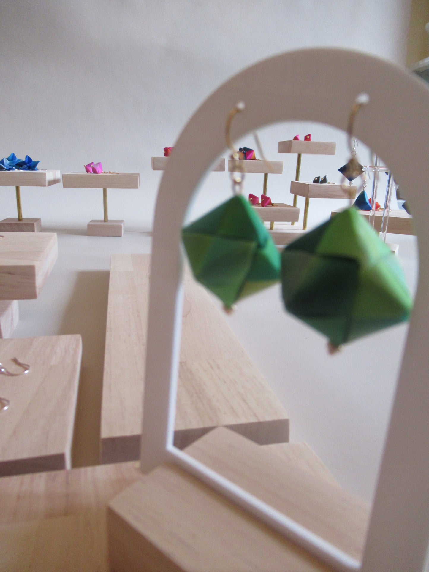 Handmade origami silk earrings in lime green with gold plated hooks