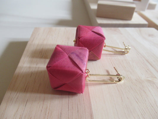 Handmade origami silk earrings with pink 24 carat gold plated oval studs