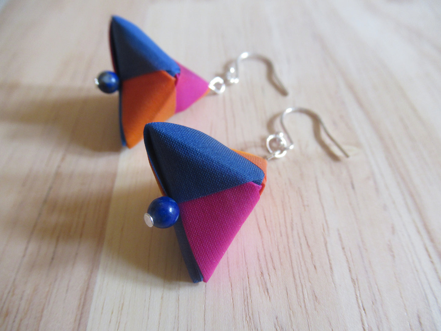 Handmade origami silk earrings and fuchsia pink bright blue bright orange with gold plated hooks