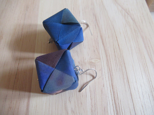 Handmade origami silk earrings in Royal blue with silver hooks