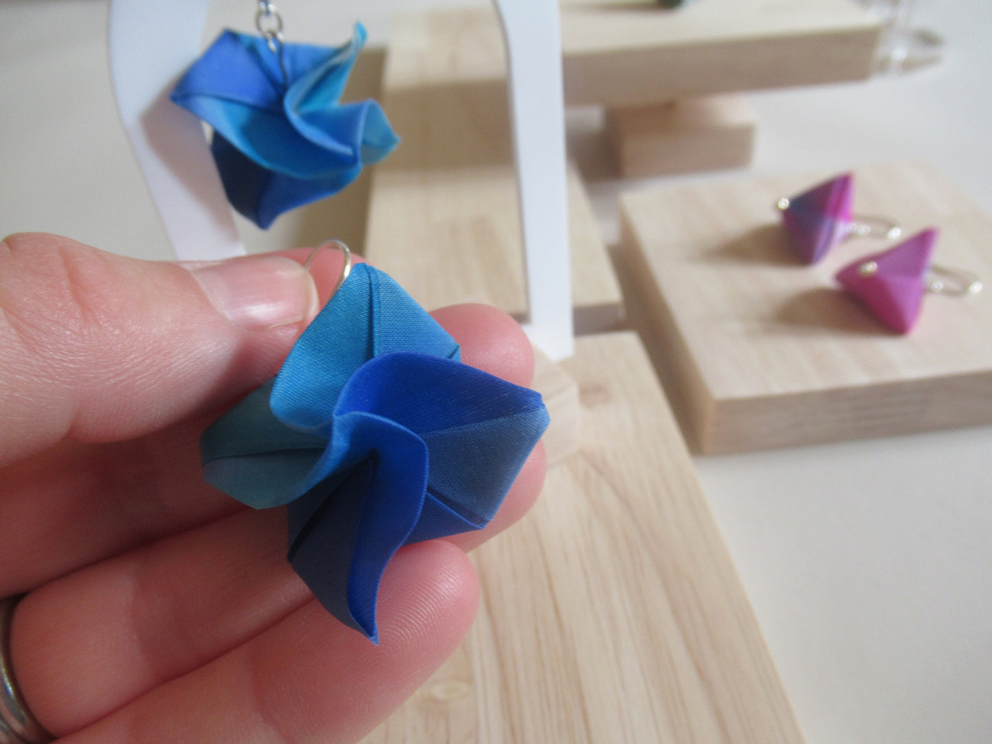 Handmade origami silk earrings in royal blue rose flower with silver hooks