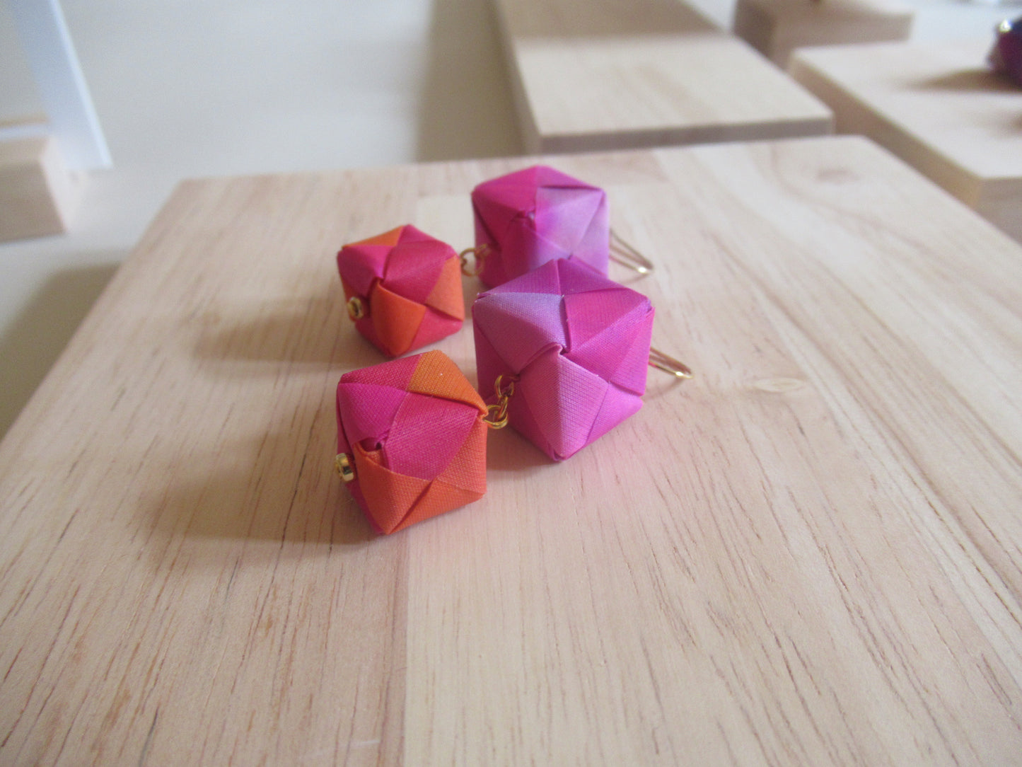 Handmade origami silk earrings and pink orange and double cube drop gold plated hooks