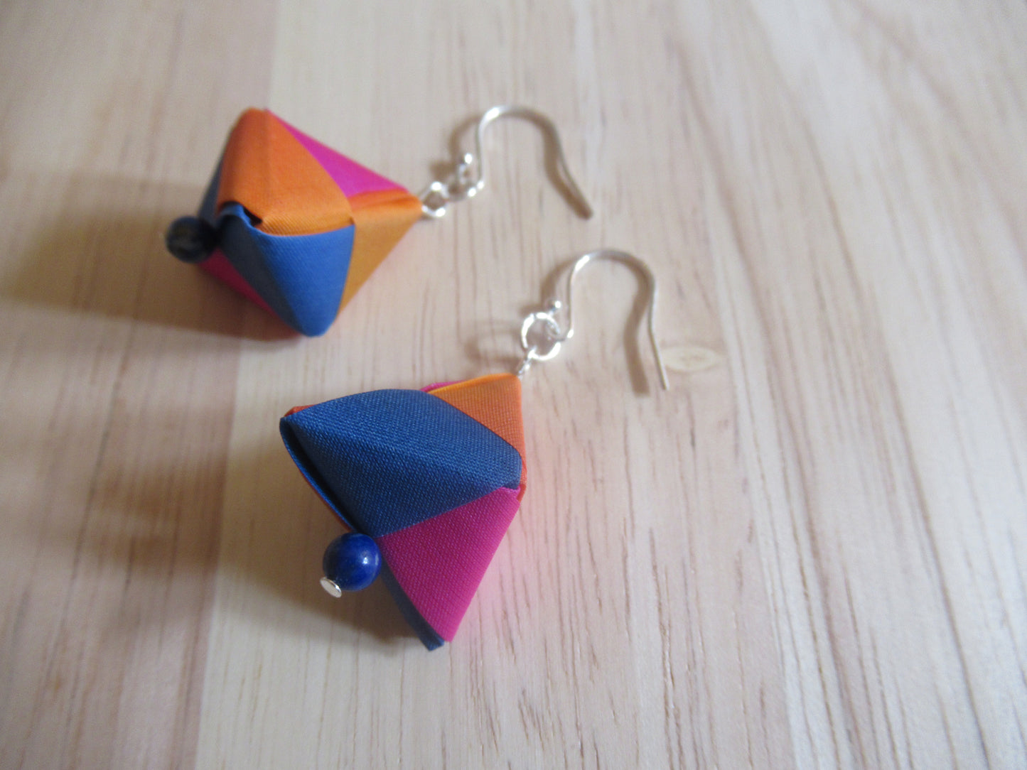 Handmade origami silk earrings and fuchsia pink bright blue bright orange with gold plated hooks