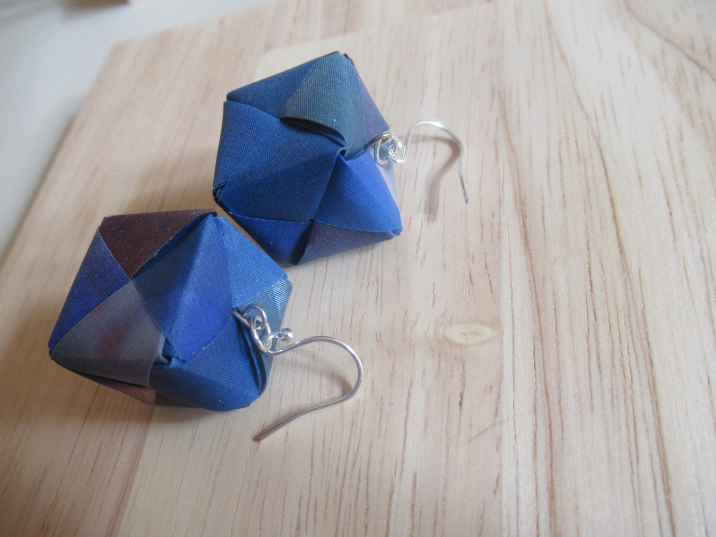 Handmade origami silk earrings in Royal blue with silver hooks