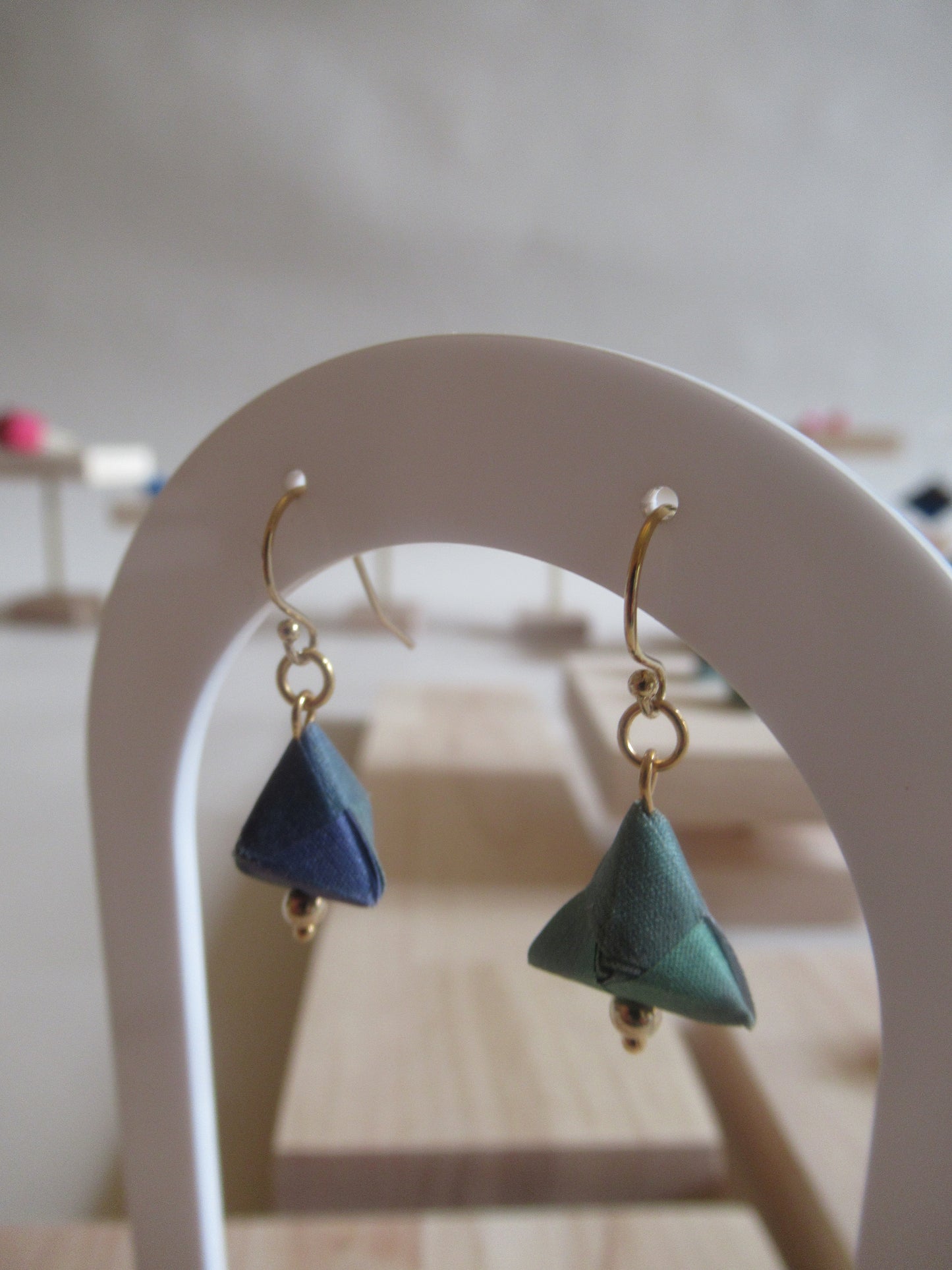 Handmade origami silk earrings and green with gold plated hooks