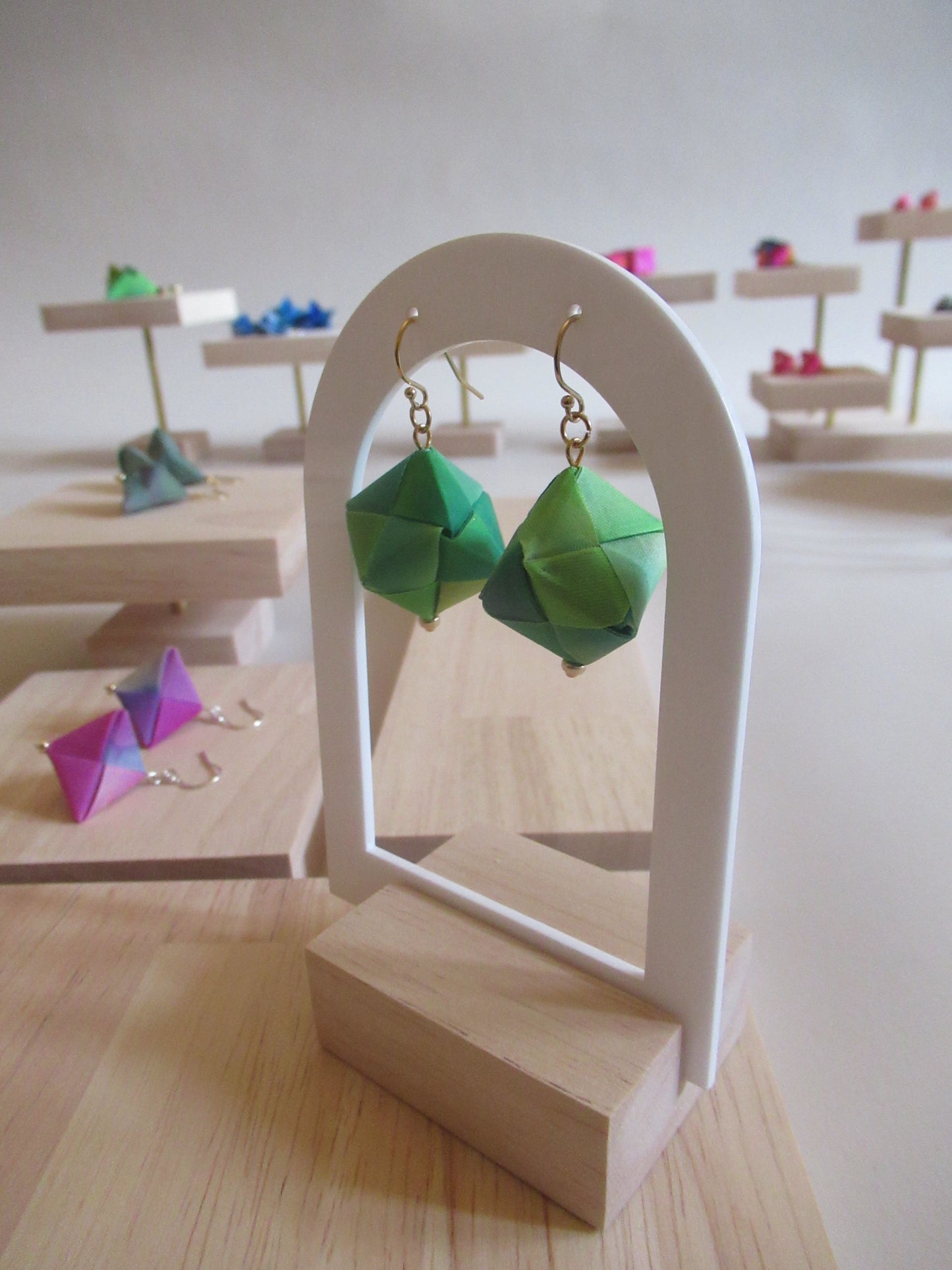 Handmade origami silk earrings in lime green with gold plated hooks