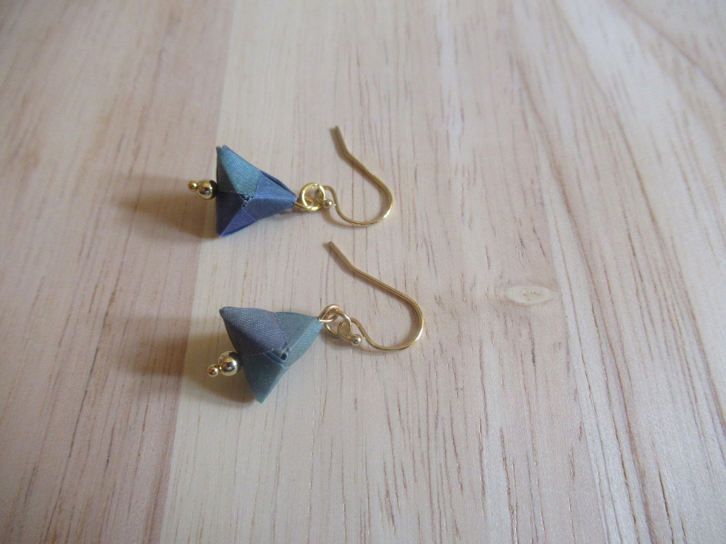 Handmade origami silk earrings and green with gold plated hooks